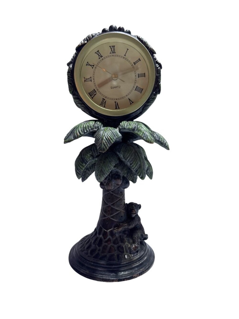 Vintage Palm Tree Quartz Table Clock Roman Numerals Monkey Figurine Home Decor